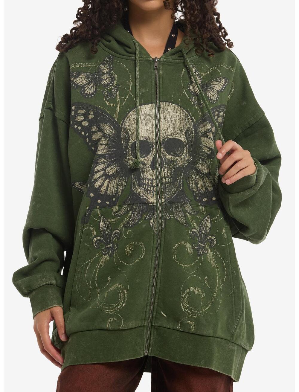 NWT Hot Topic Thorn & Fable Green Skull Butterfly Girls Oversized Hoodie size L